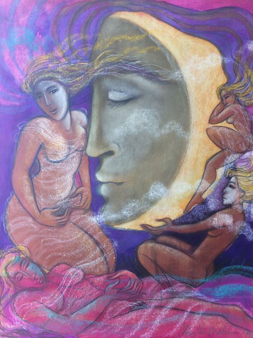 Adoration of the (man in the) Moon; pastel on English paper by Phyllis Mahon