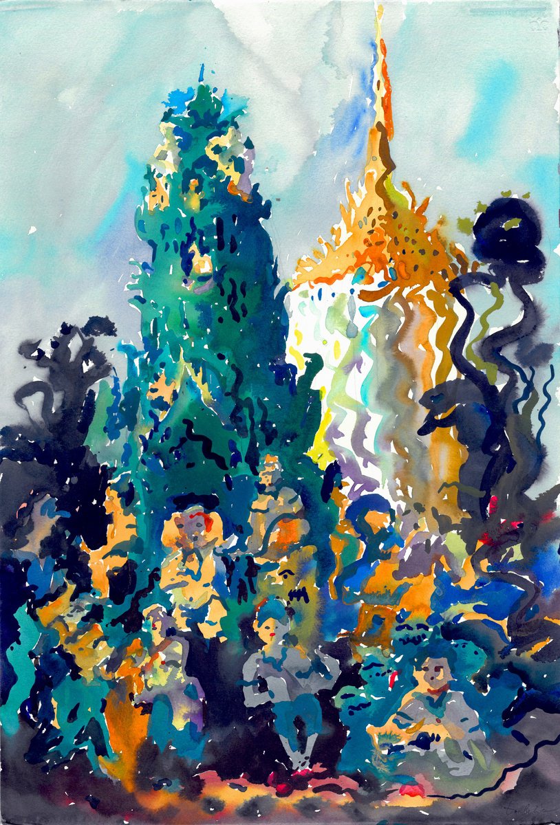 Impressionistic Cityscapes Watercolour By Tanbelia, 15 X 22", Mueang Boran In Samut Prakan, Original Artwork