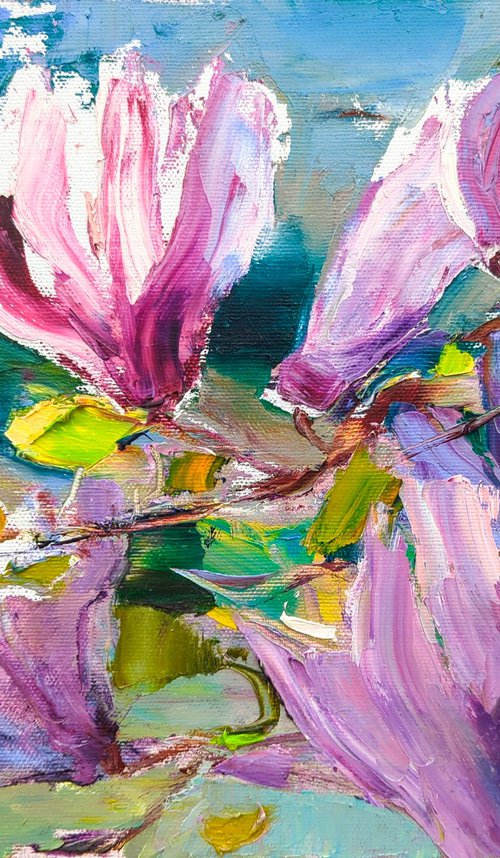 Magnolia branch, spring impressions . Blooming tree . Original oil painting by Helen Shukina
