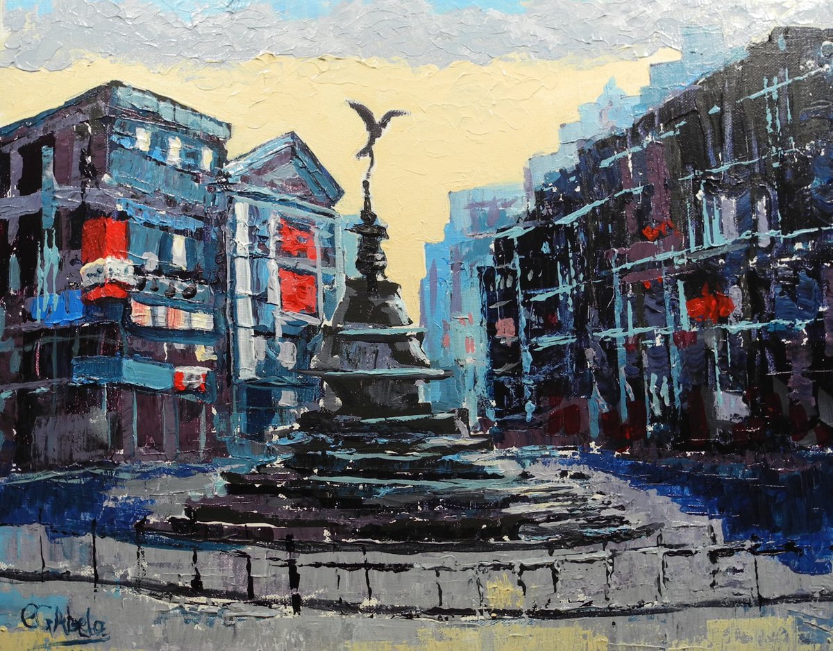 Impressionistic Landscape Acrylic Painting By Edward Abela, 20 X 16, Piccadilly Circus, London, Original Artwork