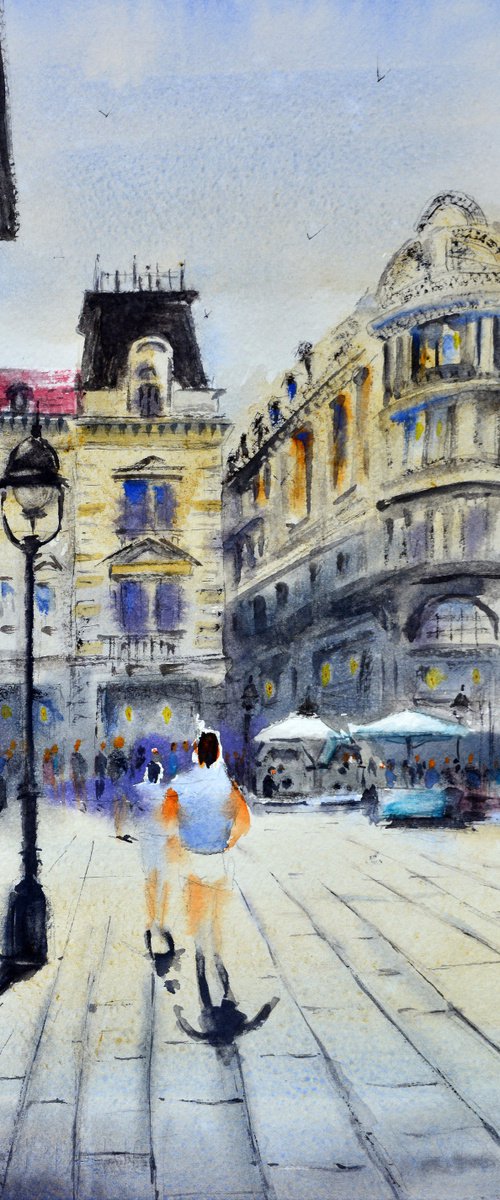 Immense mans Fountain in Knez Mihailova Street Belgrade 17x36 cm 2022 by Nenad Kojić watercolorist