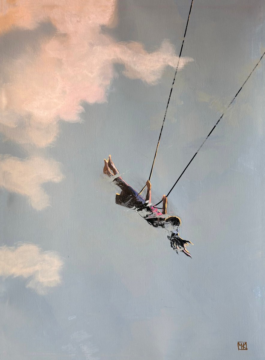 Impressionistic Portrait Acrylic Painting By Maria Kireev, 19 X 28", On The Edge Of Clouds, Original Artwork