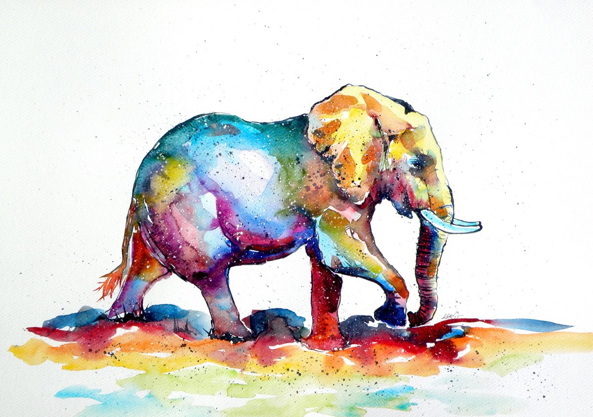 Impressionistic Watercolour , Colorful Elephant V. By Kovacs Anna Brigitta, 21 X 15, Artwork For Sale On Artfinder