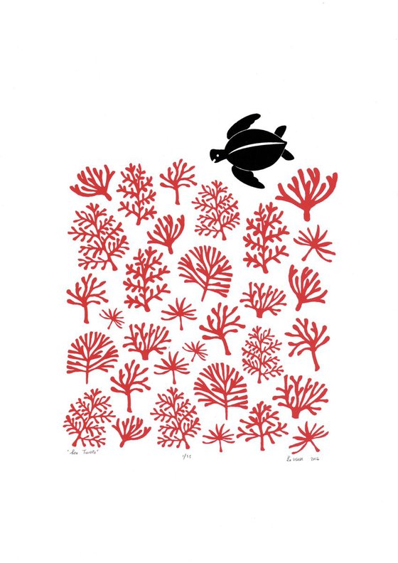 Sea Turtle A3 size in Aurora Red - Unframed - FREE Worldwide Delivery