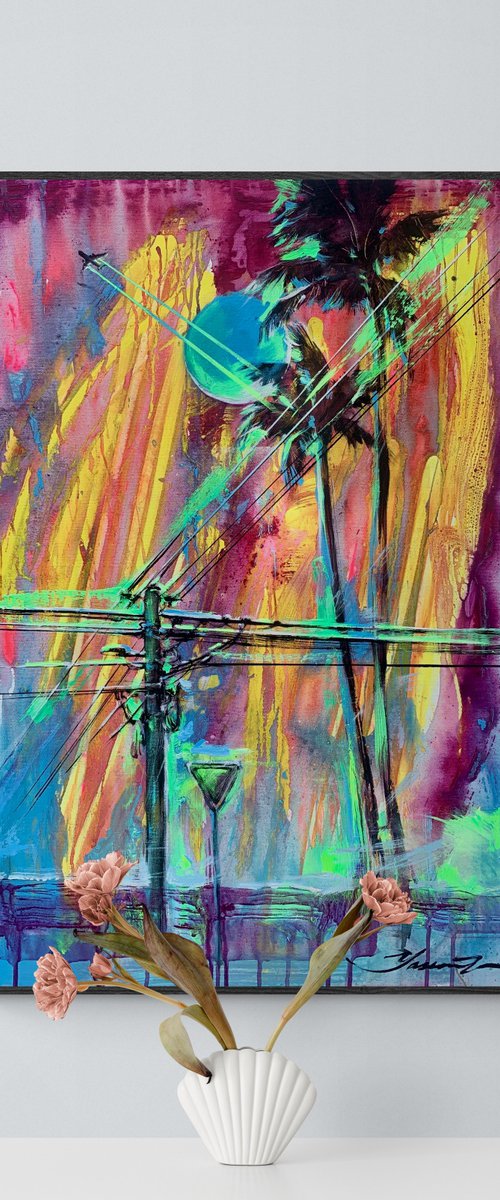 Bright Californian sunset - "Blue moon" - Palms - Urban art - Plane - Pole and Wires - Yellow - Pink - Blue by Yaroslav Yasenev