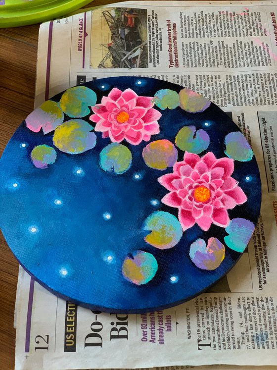 Galaxy water lilies! Koi fish and fire flies!  Ready to hang