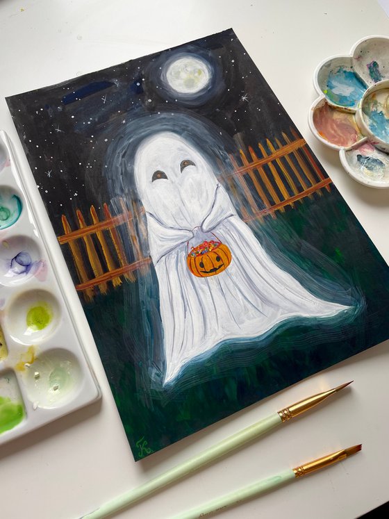 Halloween Gouache Painting Original, Ghost Wall Art, Cute Spooky Artwork, Fall Home Decor