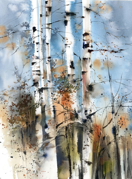 Birch Forest Landscape Nature Watercolor Painting, Trees Painting