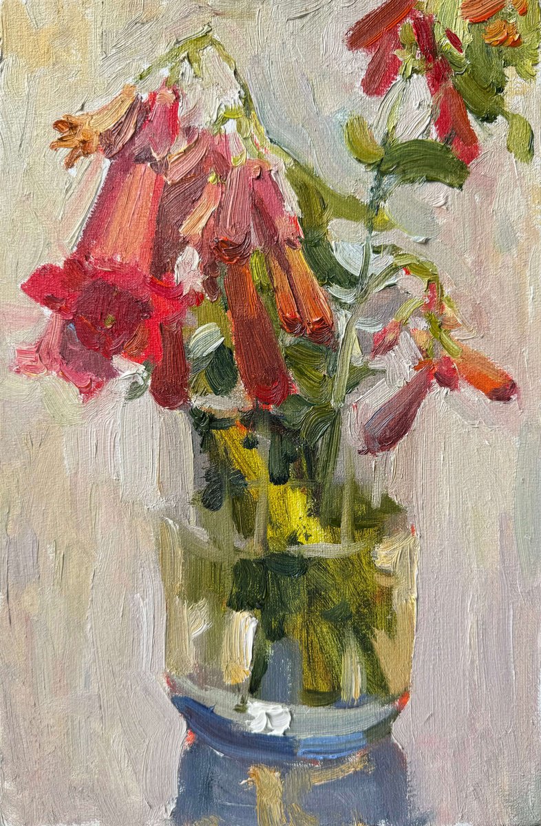 Impressionistic Botanical Oil Painting By Nataliia Nosyk, 8 X 12", The Campsis In A Vase, Original Artwork