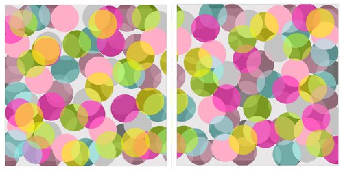 Abstract multicolored bright circles pink gray green turquoise- Diptych #1 & #2 by Kseniya Kovalenko