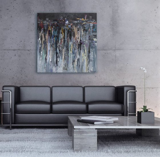Gray Abstract Painting - Night street - 90 x 90 cm - Original oil painting