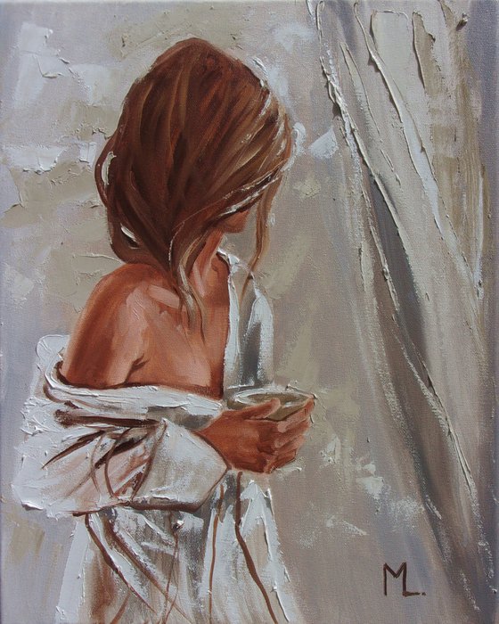 " DON'T LOOK BACK ... "-  liGHt  ORIGINAL OIL PAINTING, GIFT, PALETTE KNIFE (2021)