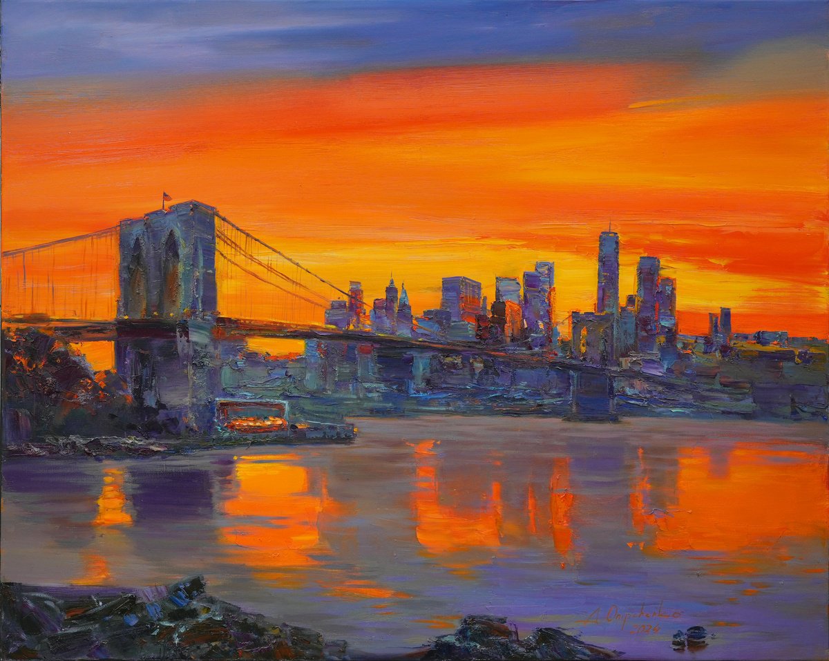 Impressionistic Cityscapes Oil Painting By Alisa Onipchenko-Cherniakovska, 39 X 31, Brooklyn Bridge. New York City, Artfinder