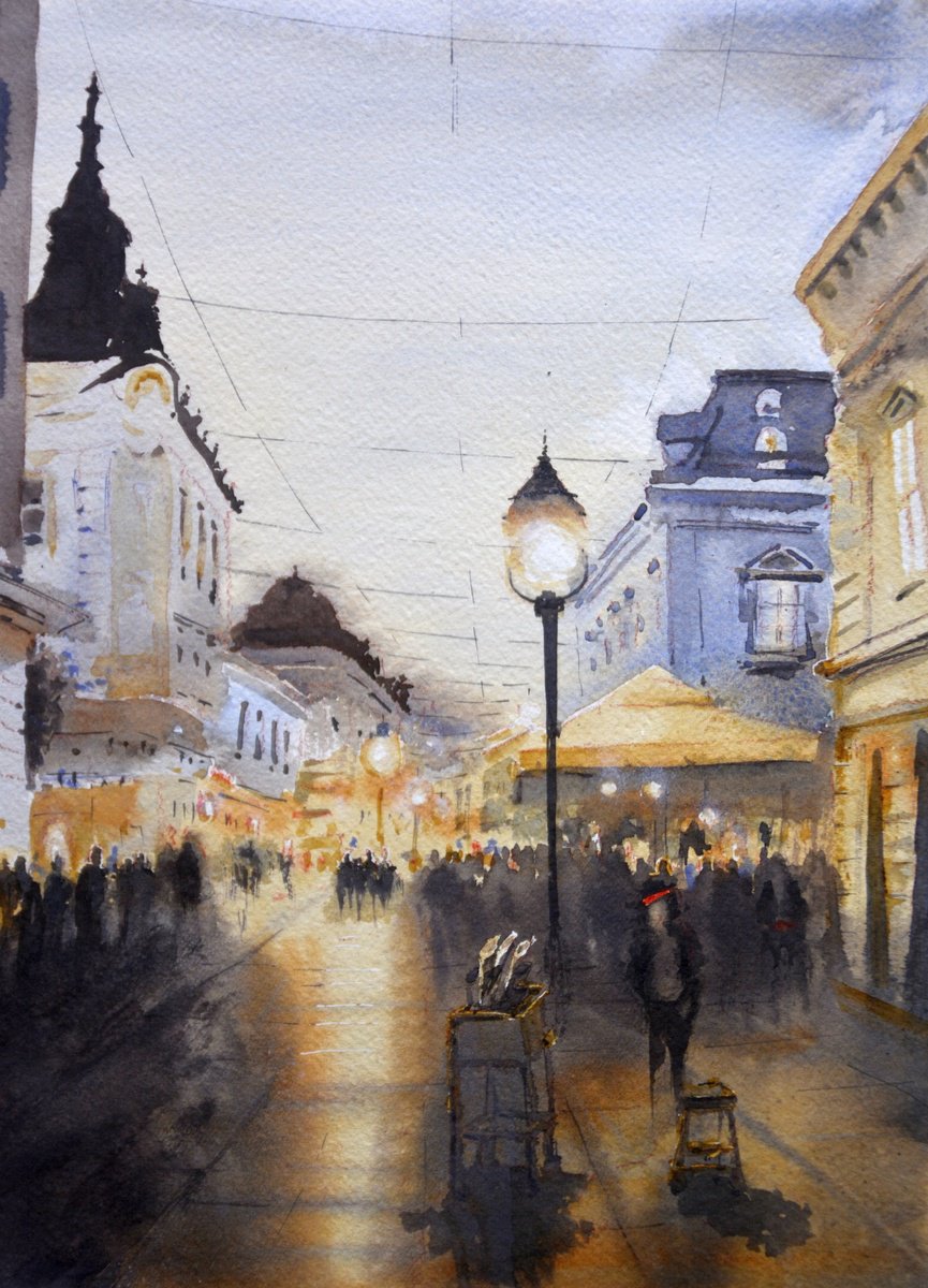 Impressionistic Cityscapes Watercolour By Nenad Kojic, 10 X 14", Uli?na Svetla U Knezu Beograd, Original Artwork