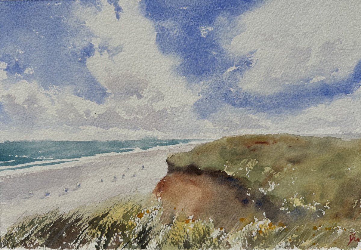 Impressionistic Landscape Watercolour By Shelly Du, 12 X 8", Sylt Beach, Original Artwork