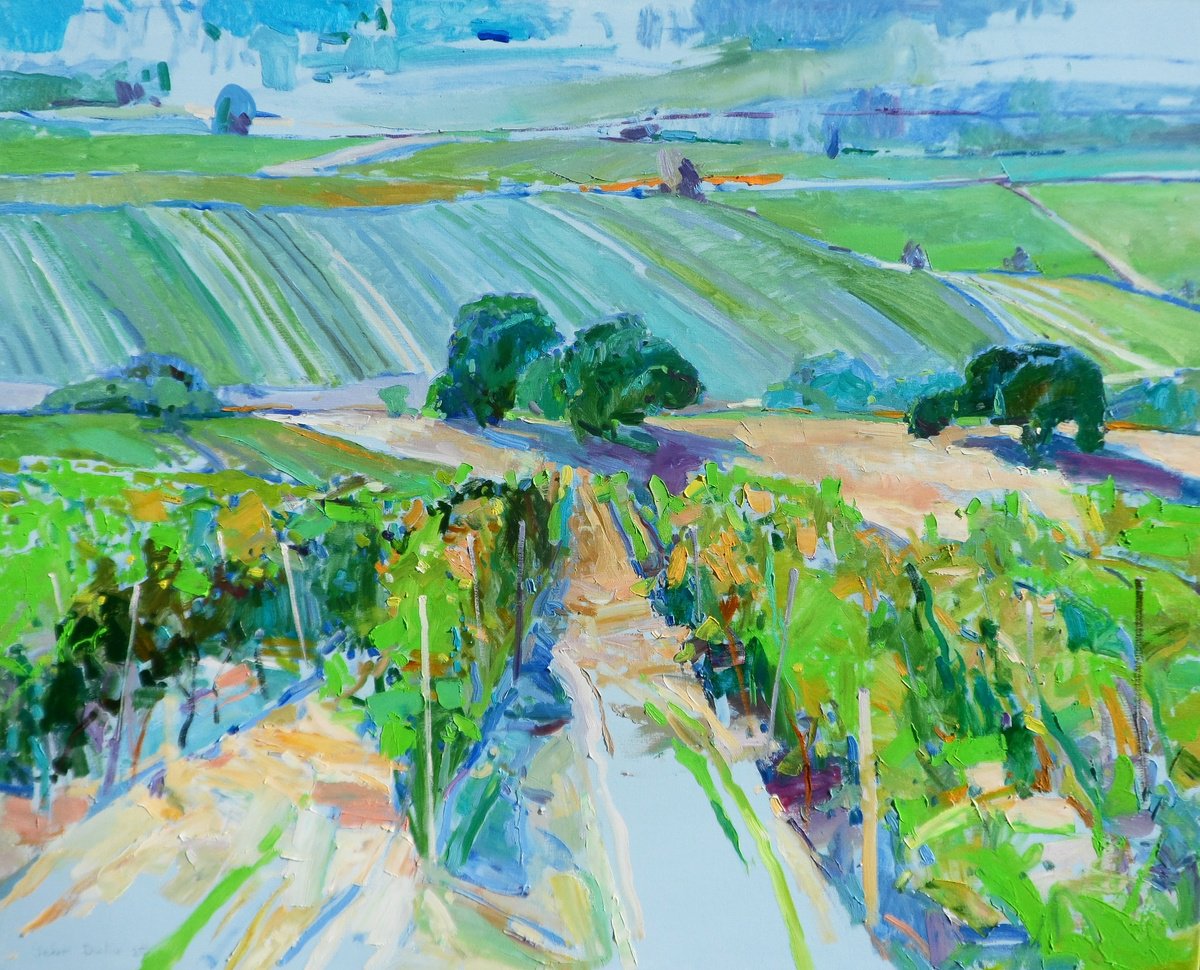 Impressionistic Landscape Oil Painting By Yehor Dulin, 39 X 31", " Valley Of Vineyards", Original Artwork