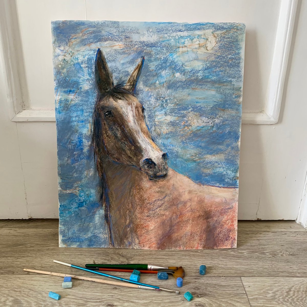 BLUE HORSE - Pastel and watercolor drawing on paper, original gift, mustang, home interior... by Tatsiana Ilyina