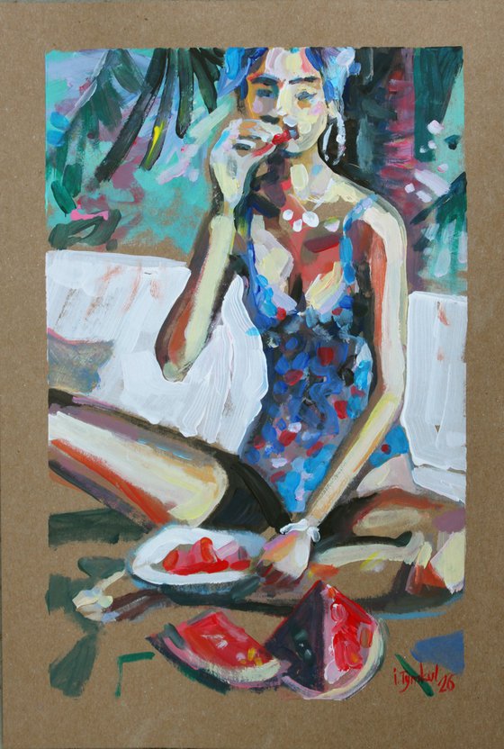 A girl in a blue swimsuit