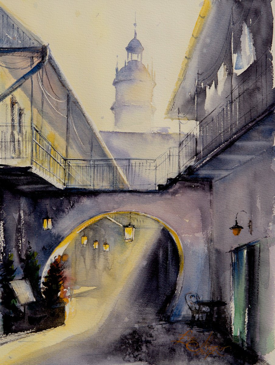 Impressionistic Cityscapes Watercolour By Eve Mazur, 12 X 16, Backyard In Kazimierz, Original Artwork