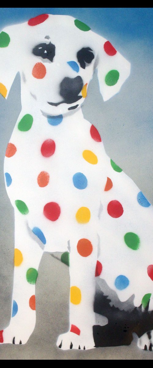 Damien's dotty, spotty, puppy dawg (blue on The Daily Telegraph) by Juan Sly