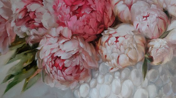 Peony painting, Extra Large floral oil paintings on canvas l, Peony flowers in white vase painting, Wide canvas wall art