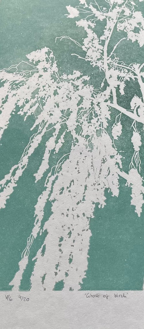 Ghost of Birch - Tree Silhouette Linocut Print by C Staunton
