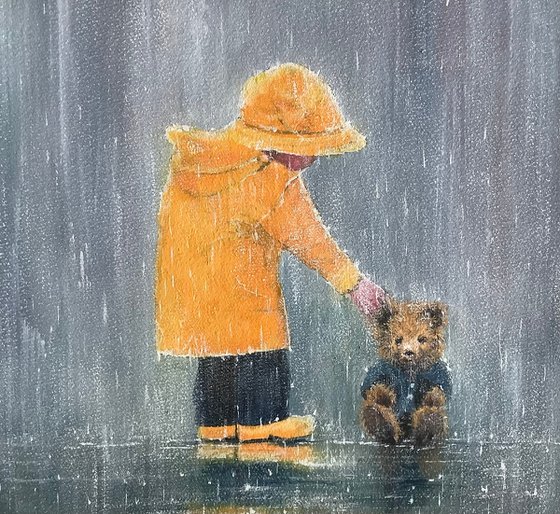 Rainy day, Teddy in the rain.