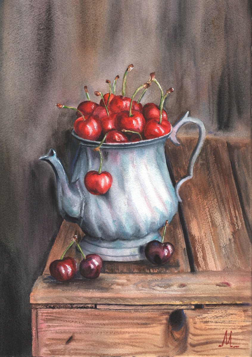 Photorealistic Still Life Watercolour By Maryna Boiko, 13 X 17", ?herry, Original Artwork