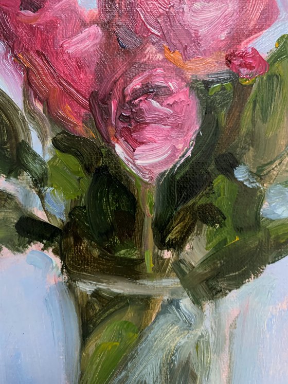 Oil Still Life Floral Painting; Pink Roses in a Glass Vase.