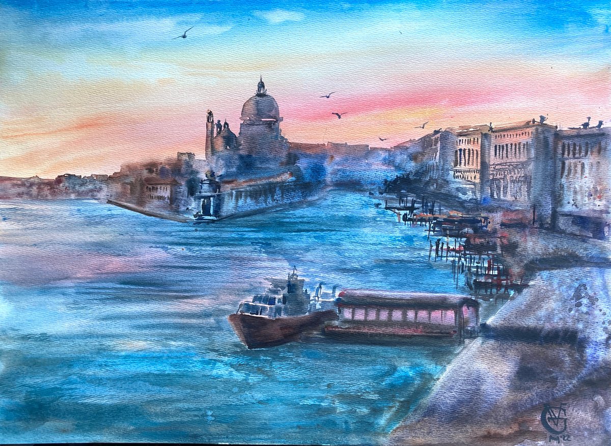 Photorealistic Cityscapes Watercolour By Valeria Golovenkina, 22 X 15", Early Evening, Original Artwork
