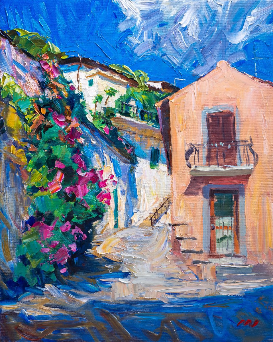 Impressionistic Cityscapes Oil Painting By Vasyl Moldavchuk, 16 X 20", Sunny Street, Original Artwork