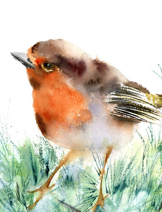 Bird on the Green Branch- watercolor painting