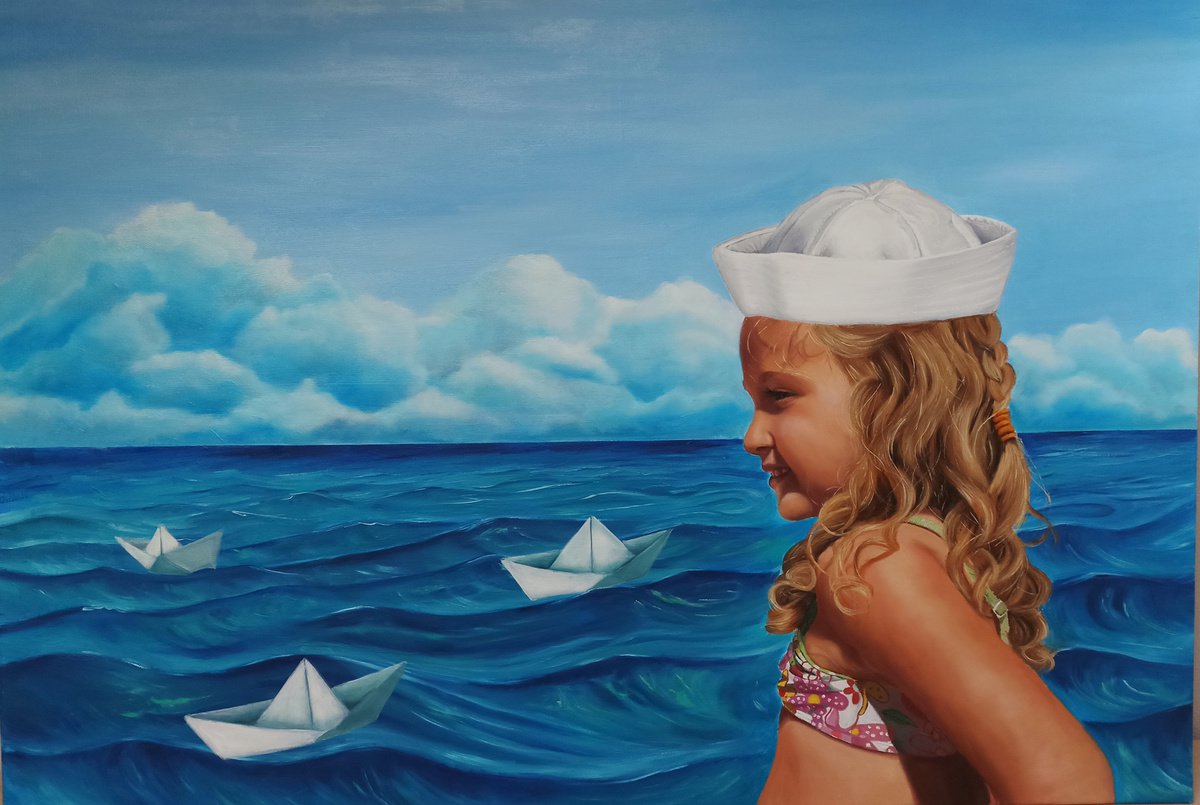 Surrealistic Portrait Oil Painting By Laura Muolo, 39 X 28", Escape Series - Escape By Sea - The Sailor., Original Artwork