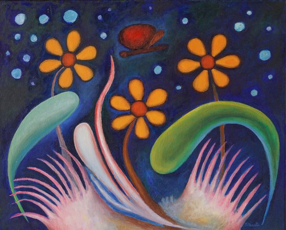 Tre fiori con farfalla