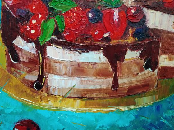 For tea, Cake Painting Original Art Dessert Artwork Kitchen Wall Art Food Impasto Painting 40x40 cm, ready to hang