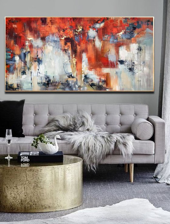 Turn Over - Extra Large Abstract Painting 80" x 40" , Oversize Canvas, Red, Gray, Gold Leaf Soft Colors White Gray Painting