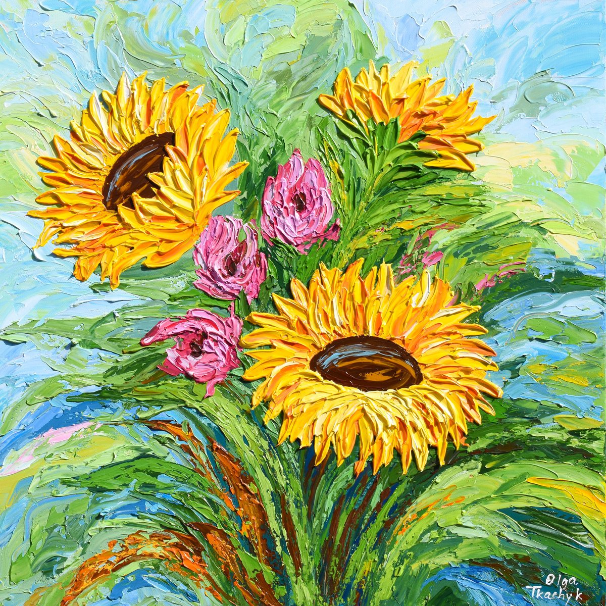 Impressionistic Botanical Acrylic Painting By Olga Tkachyk, 24 X 24", Sunflowers, Original Artwork