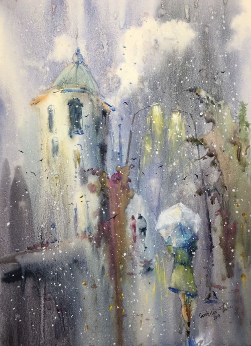 Watercolor "Blue rain” by Iulia Carchelan