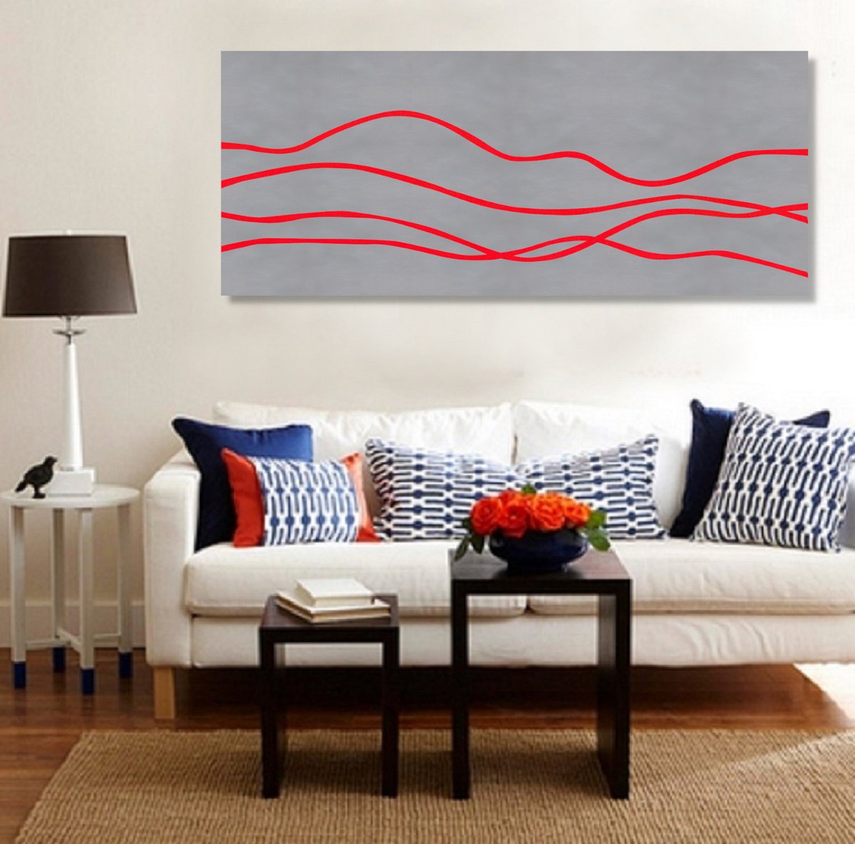 Abstract Landscape Acrylic Painting By Marina Krylova, 47 X 20", Minimalistic Landscape #17, Original Artwork