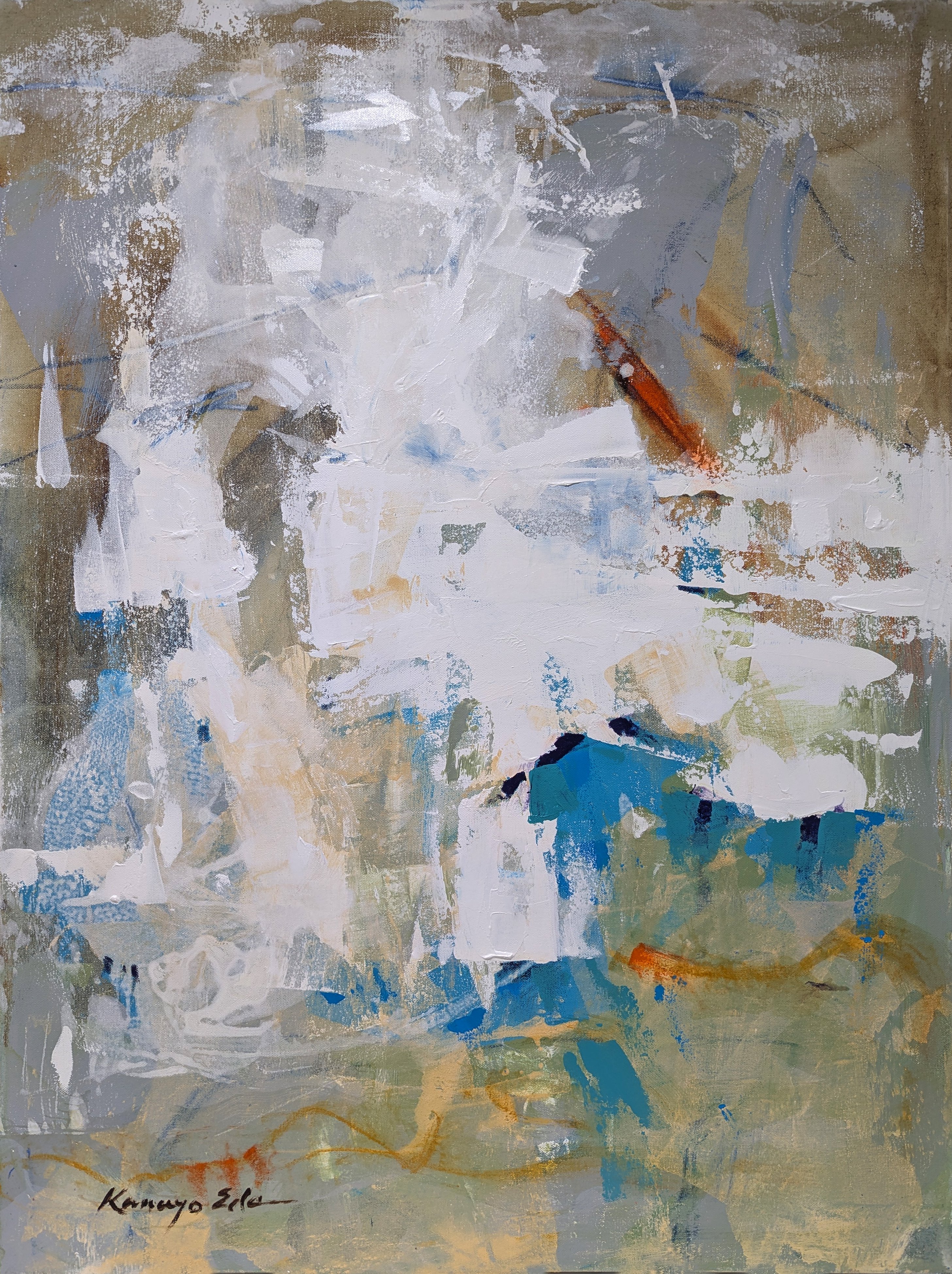 Impressionistic Abstract Acrylic Painting By Kanayo Ede, 30 X 40", Blue Cottage, Original Artwork