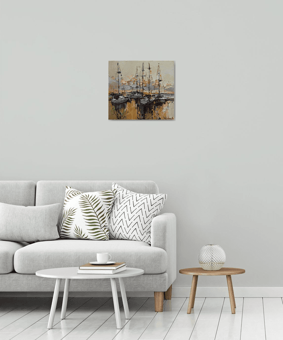 Sailing yachts at berth  Original seascape painting