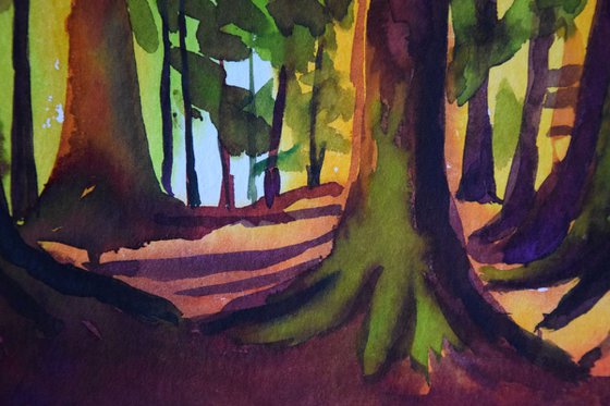 Norwegian watercolor painting Sunset forest, Sun through trees in Norway