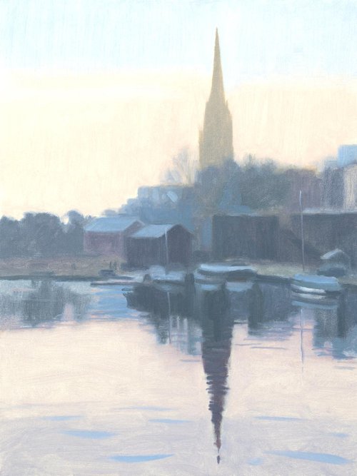 Bristol harbour St Mary Redcliffe Winter sunrise original oil painting by Mark Taylor