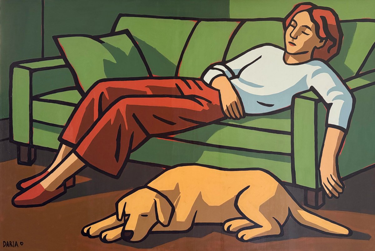 Urban And Pop Acrylic Painting , Woman And Dog After Work By Daria Baklykova, 36 X 24, Artwork For Sale On Artfinder