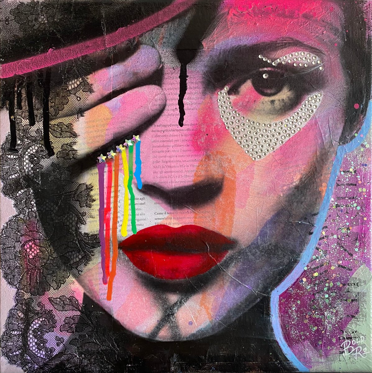 Urban And Pop Portrait Painting By Bold Ro, 12 X 12, Glam Rainbow Drops, Original Artwork
