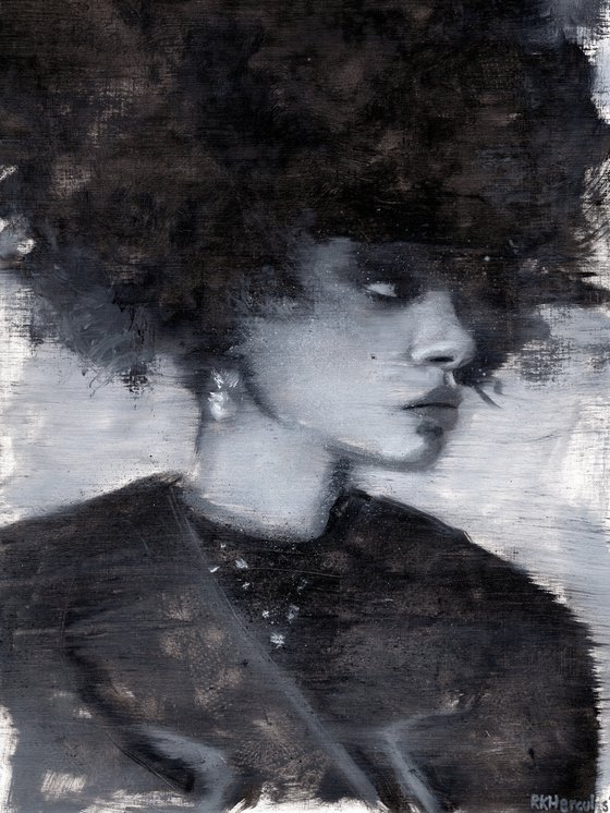 Raven | Black and white oil painting on paper | beautiful powerful make up fashion muse afro model woman lady