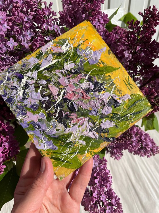 Lilac Painting Floral Original Art Flower Small Oil Impasto Artwork Home Wall Art 6 by 6" by Halyna Kirichenko