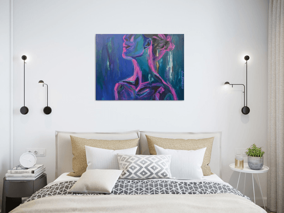 Сontemporary large nude woman portrait in purple and pink