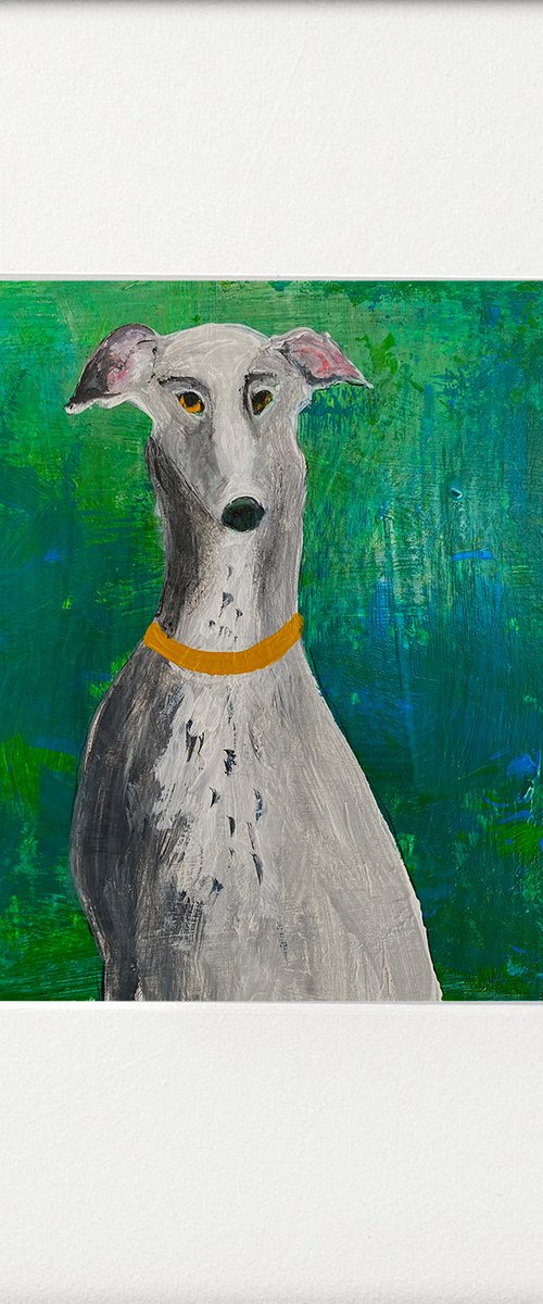 Posing grey Greyhound on Green by Teresa Tanner