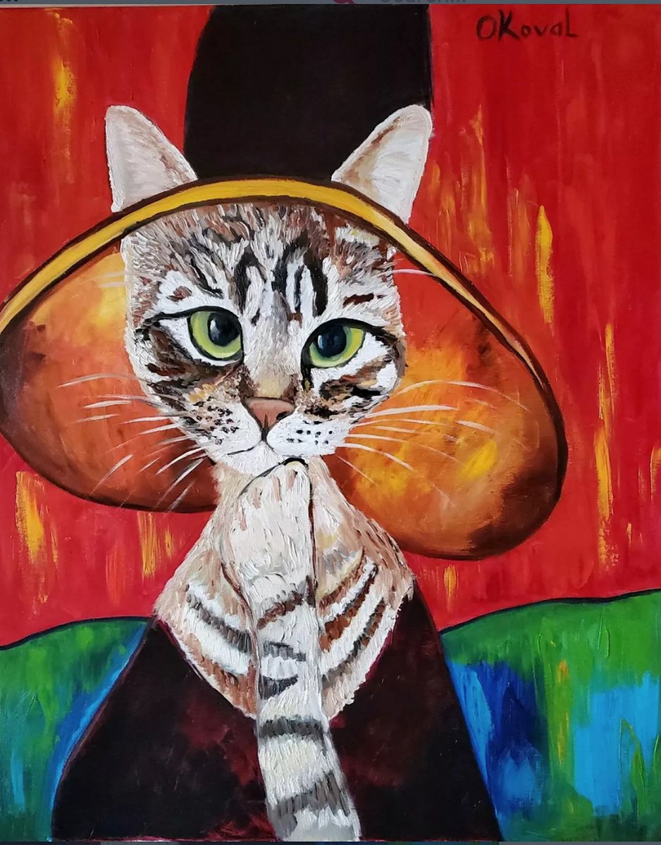 Expressive Animal Oil Painting By Olga Koval, 18 X 24", Cat Amedeo Clemente Modigliani, Original Artwork